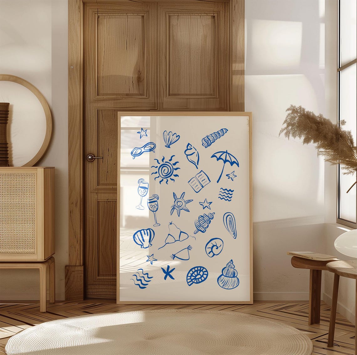 Cobalt Blue Coastal Icons Hand Drawn Summer Doodle Pattern Poster - Image 3