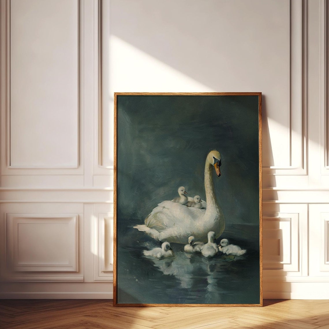 Mother Swan and Cygnets on Dark Water Vintage Nursery Poster