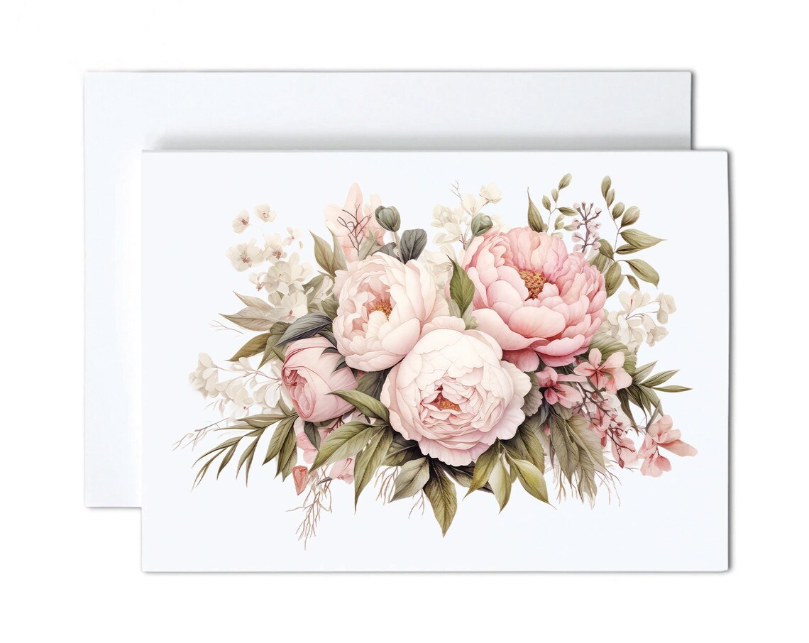 Blush Peony Bouquet Watercolor Floral Notecard Blank Card Set Print