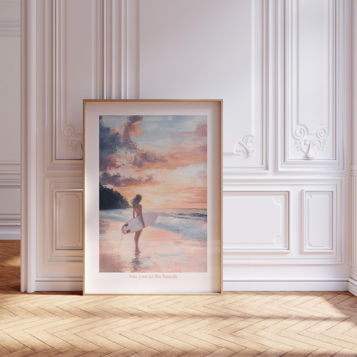 See You at the Beach Surfer Girl Sunset Pink Watercolor Poster