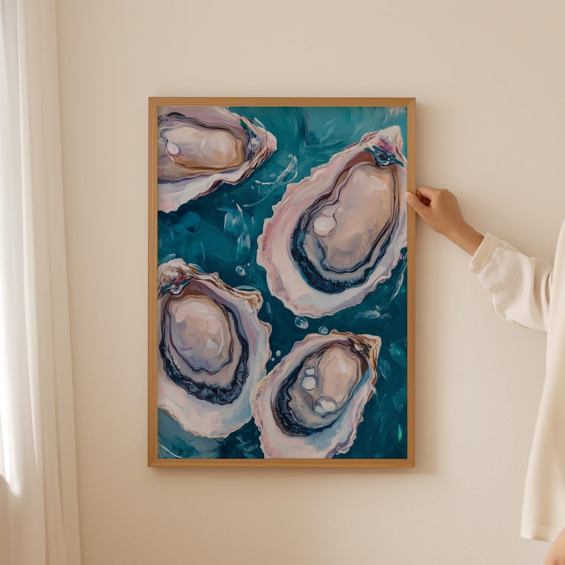 Four Oysters On Deep Teal Oil Painting Modern Seafood Wall Poster