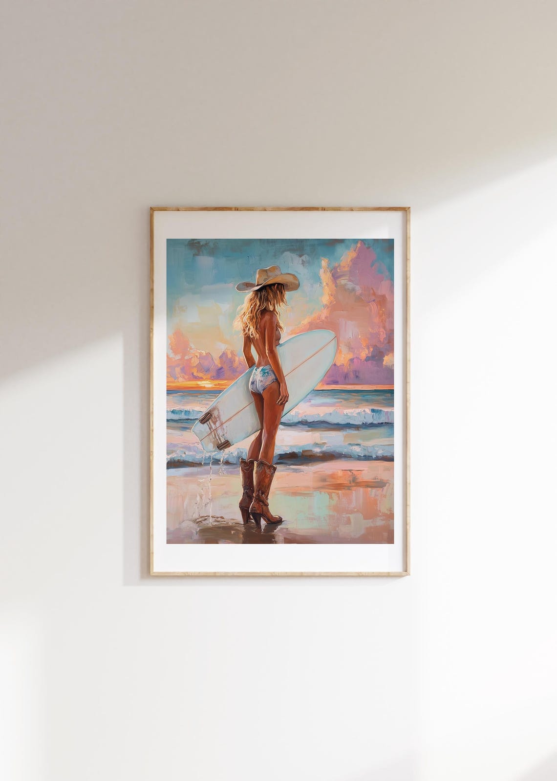 Coastal Cowgirl Surfer Hat Boots Sunset Surf Painting Poster - Image 4