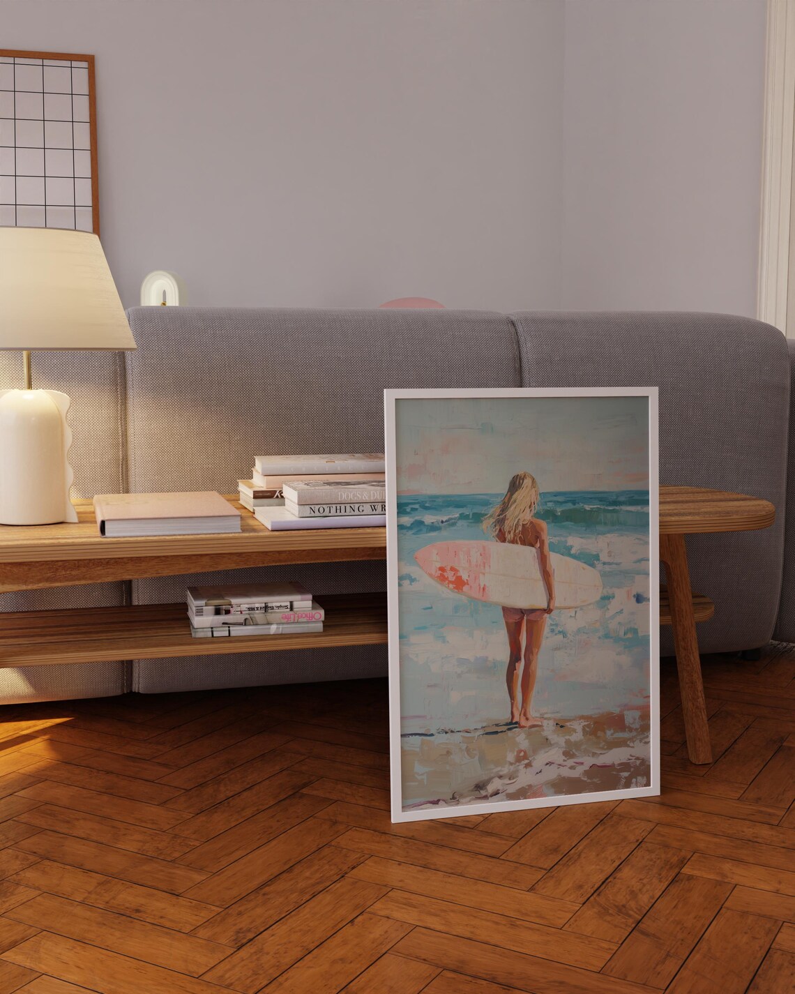 Blonde Surfer Girl Pink Surfboard Shoreline Watercolor Poster - Image 5