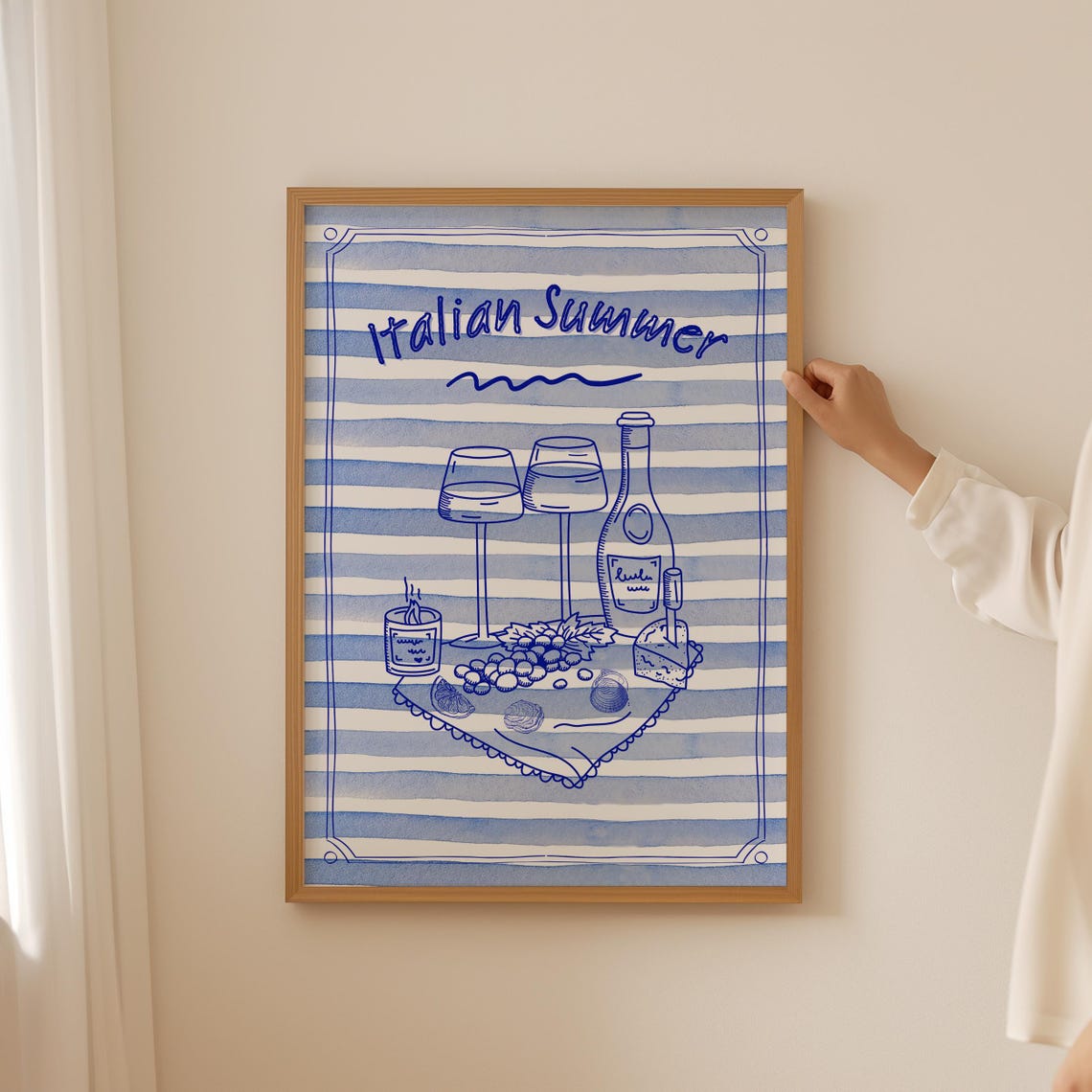 Italian Summer Blue Line Art Wine Cheese Aperitivo Kitchen Poster
