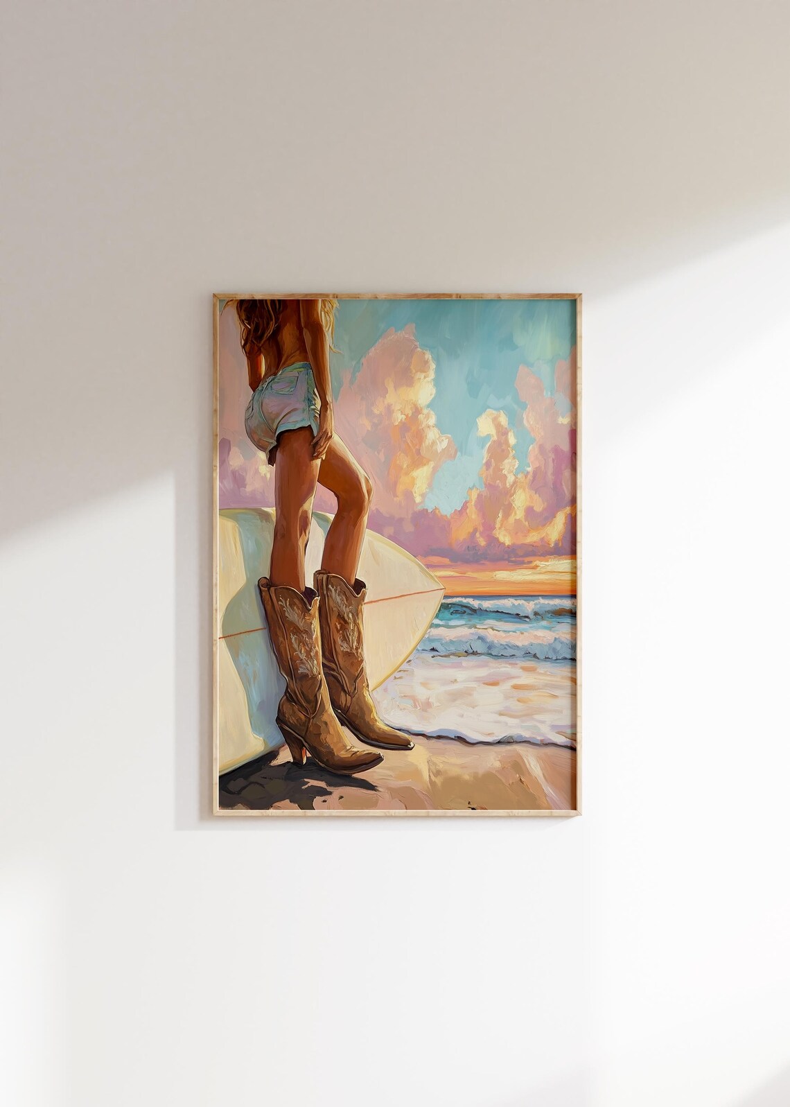 Cowgirl Boots Surfboard Sunset Beach Western Coastal Art Poster - Image 4