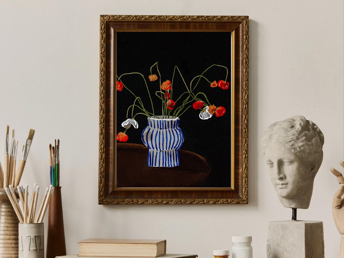 Faded Poppies Still Life, Moody Floral Art Print