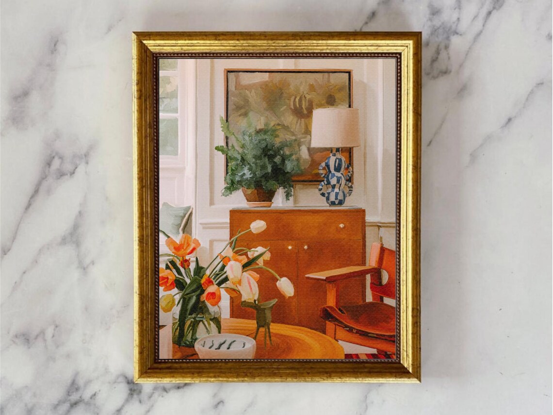 Vintage Interior Oil Painting Print Tulip Still Life Eclectic Home Art