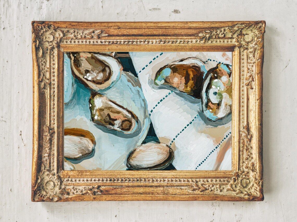 Painted Oysters on Linen Golden Frame Coastal Kitchen Still Life Poster