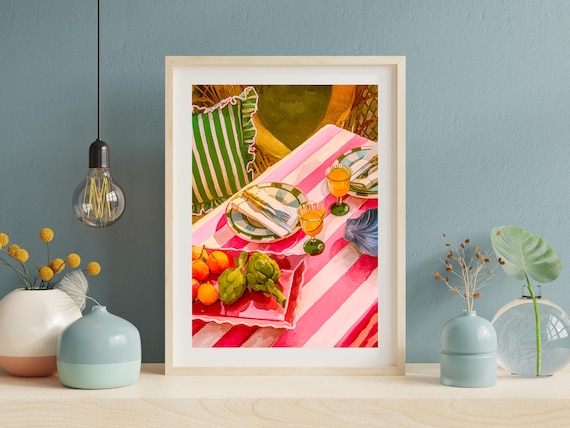 Sunny Breakfast Table Pink Striped Cloth Juice Glasses Morning Poster