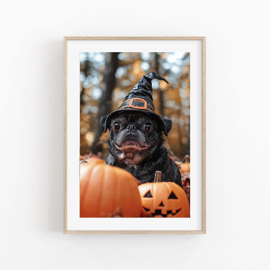 Black Pug Witch Hat Halloween Pumpkins Cute Dog Fall Photo Poster