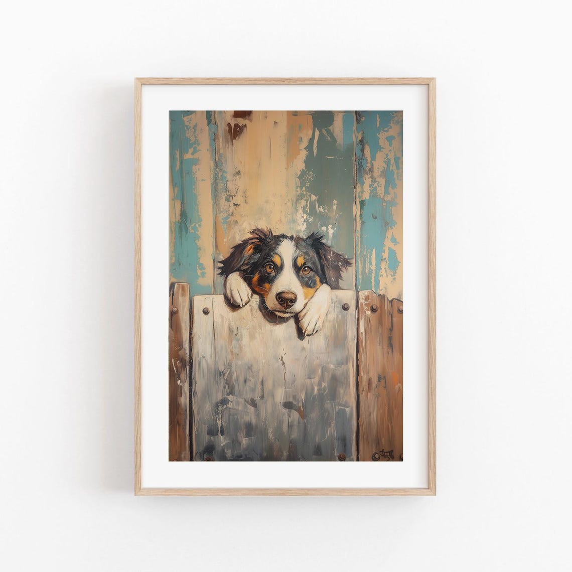 Australian Shepherd Peeking Over Rustic Fence Dog Portrait Poster