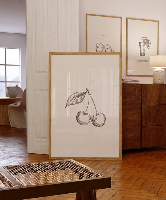 Cherries Sketch Vintage Fruit Illustration Bar Cart Kitchen Decor Poster