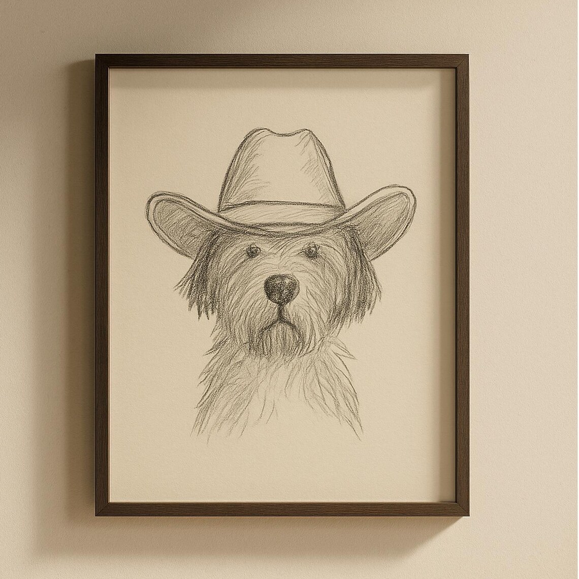 Cowboy Hat Dog Pencil Sketch Western Rustic Animal Portrait Poster