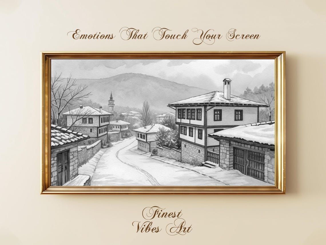 Black and White Winter Village Snowy Historic Town Watercolor Poster