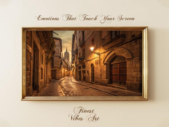 Old European Street At Dusk Warm Vintage Cityscape Art Rustic Historic Alleyway