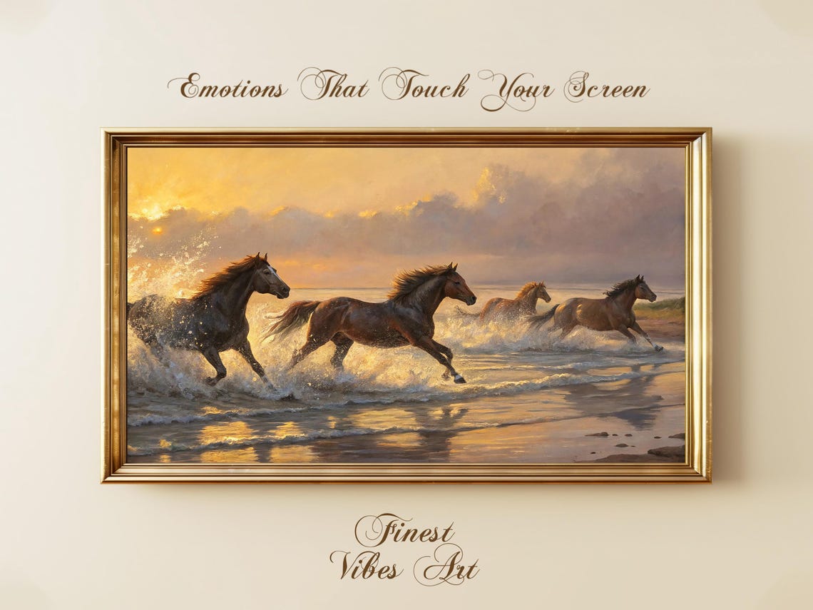 Wild Horses Galloping On Beach At Sunset Dramatic Ocean Wave Poster