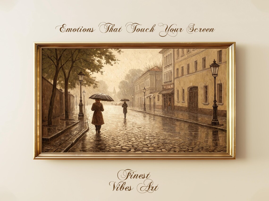 Rainy Cobblestone Street Umbrellas Vintage European Painting Print