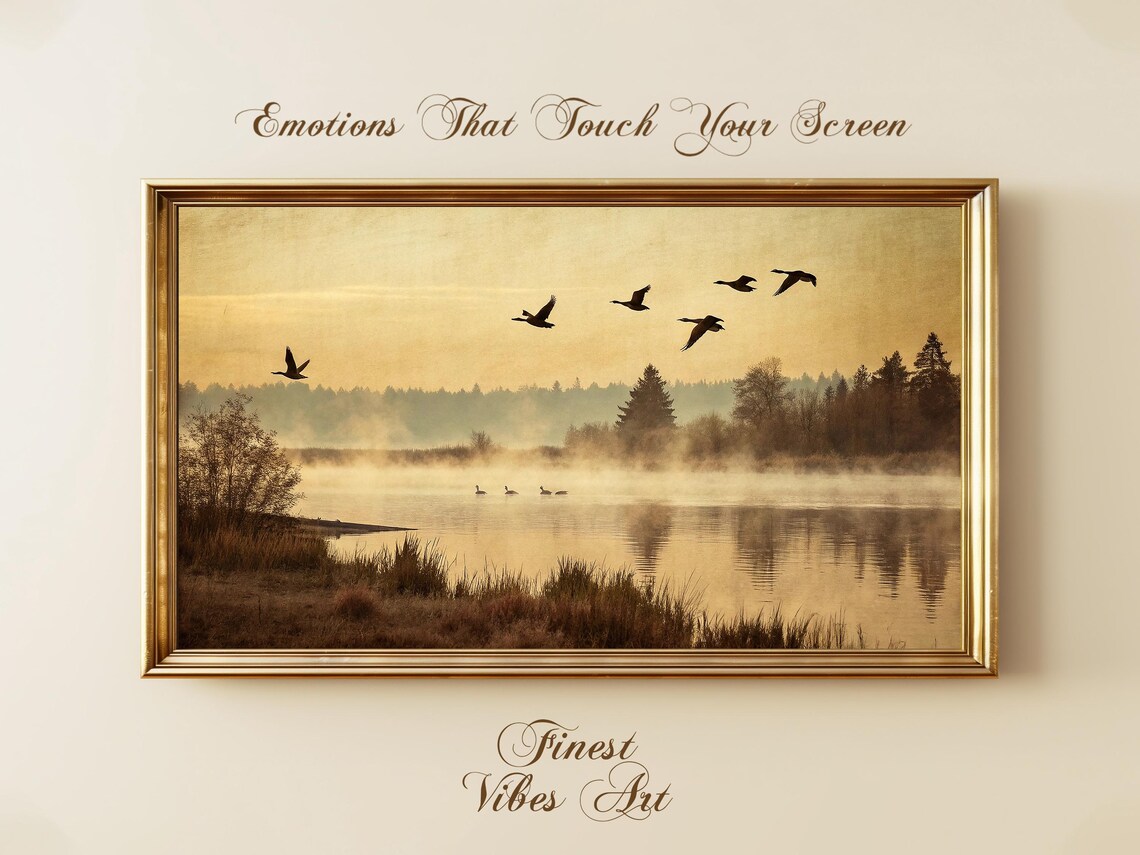 Misty Lake Sunrise Flying Geese Landscape Art Print