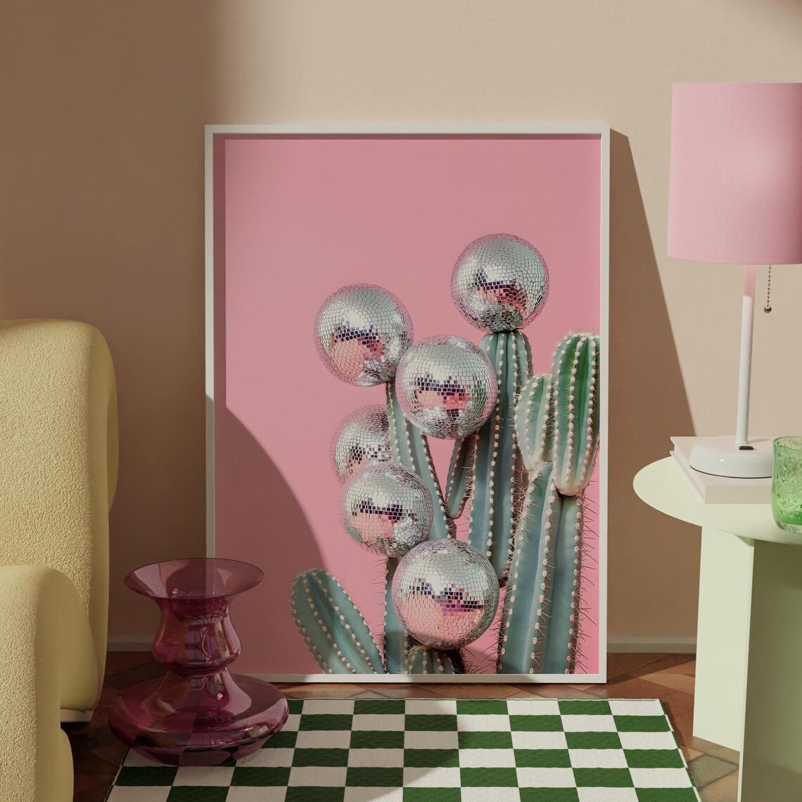 Disco Ball Cactus Pink Preppy Trendy Retro Dopamine Wall Art