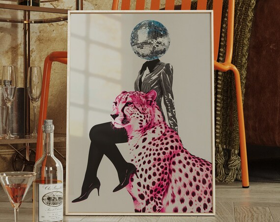 Disco Ball Woman Riding Pink Cheetah Surreal Collage Art Poster