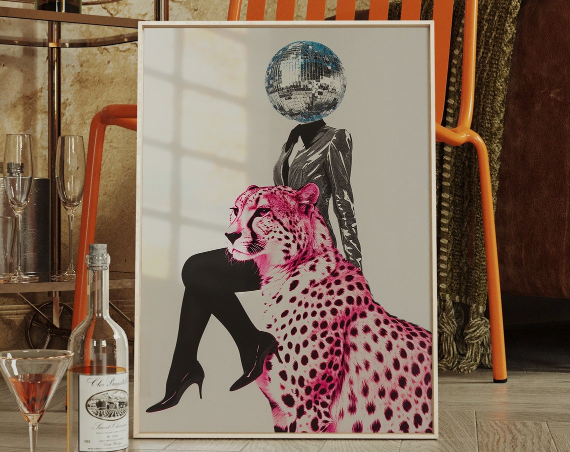 Disco Ball Woman Riding Pink Cheetah Surreal Collage Art Poster
