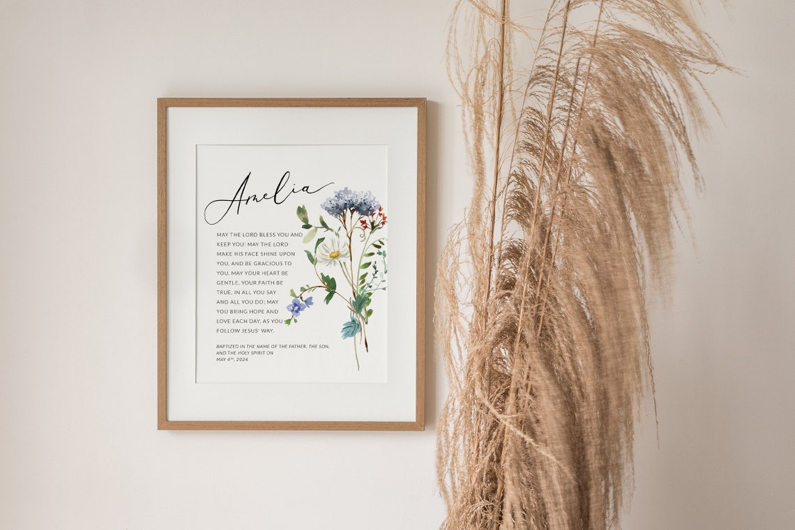 Personalized Baptism Print Custom Name Blue Wildflower Blessing Gift - Image 2