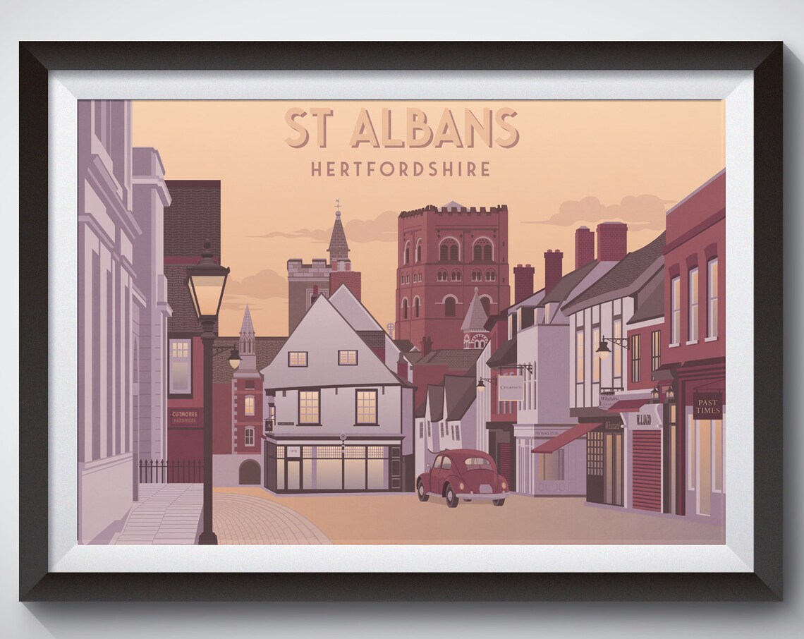 St Albans High Street Vintage Travel Poster, Hertfordshire