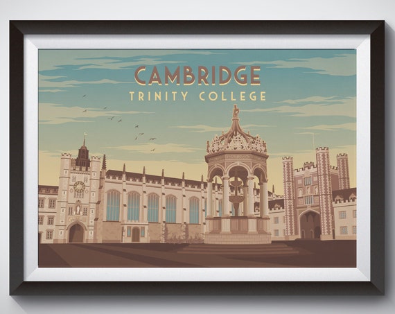 Trinity College Cambridge Travel Poster Cambridgeshire Cambridge University Great Court Bridge Of Sighs Architecture Retro Art Framed