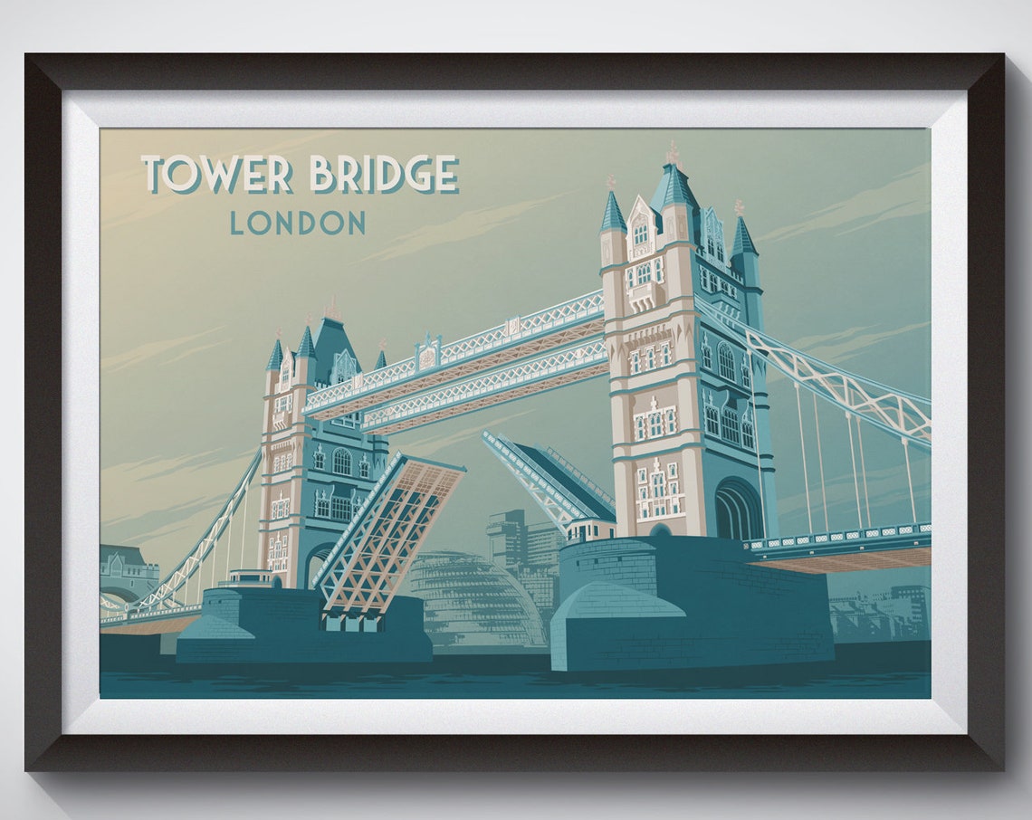 Tower Bridge London Open Bascules Vintage Teal Travel Poster