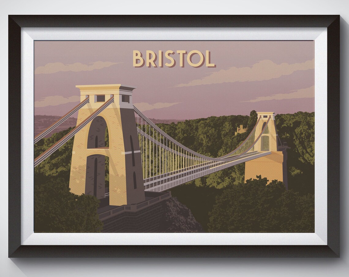 Bristol Clifton Suspension Bridge Vintage Sunset Travel Poster