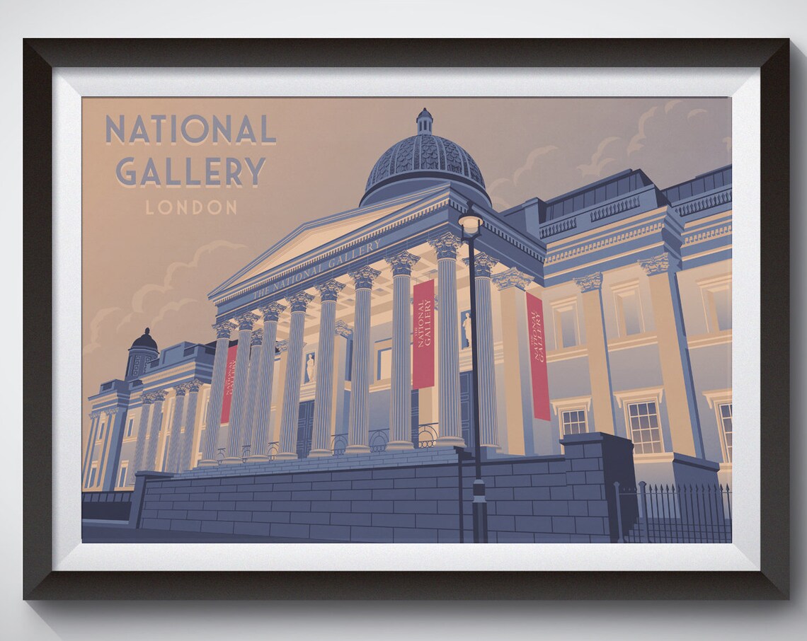 National Gallery London Grand Column Facade Trafalgar Travel Poster