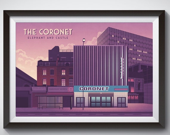 The Coronet London Elephant and Castle Purple Art Deco Facade Poster