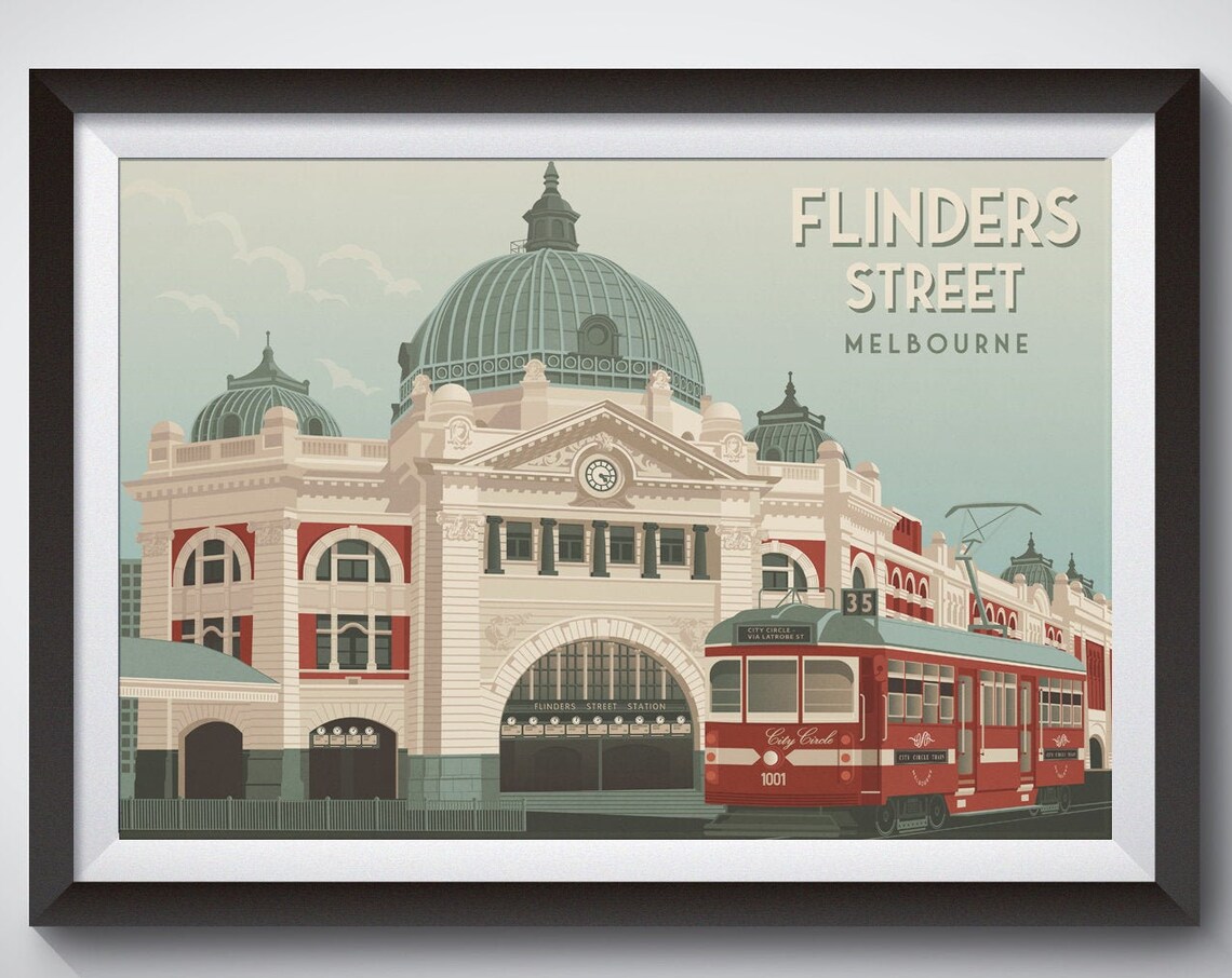 Flinders Street Station Melbourne Travel Poster with Red City Tram