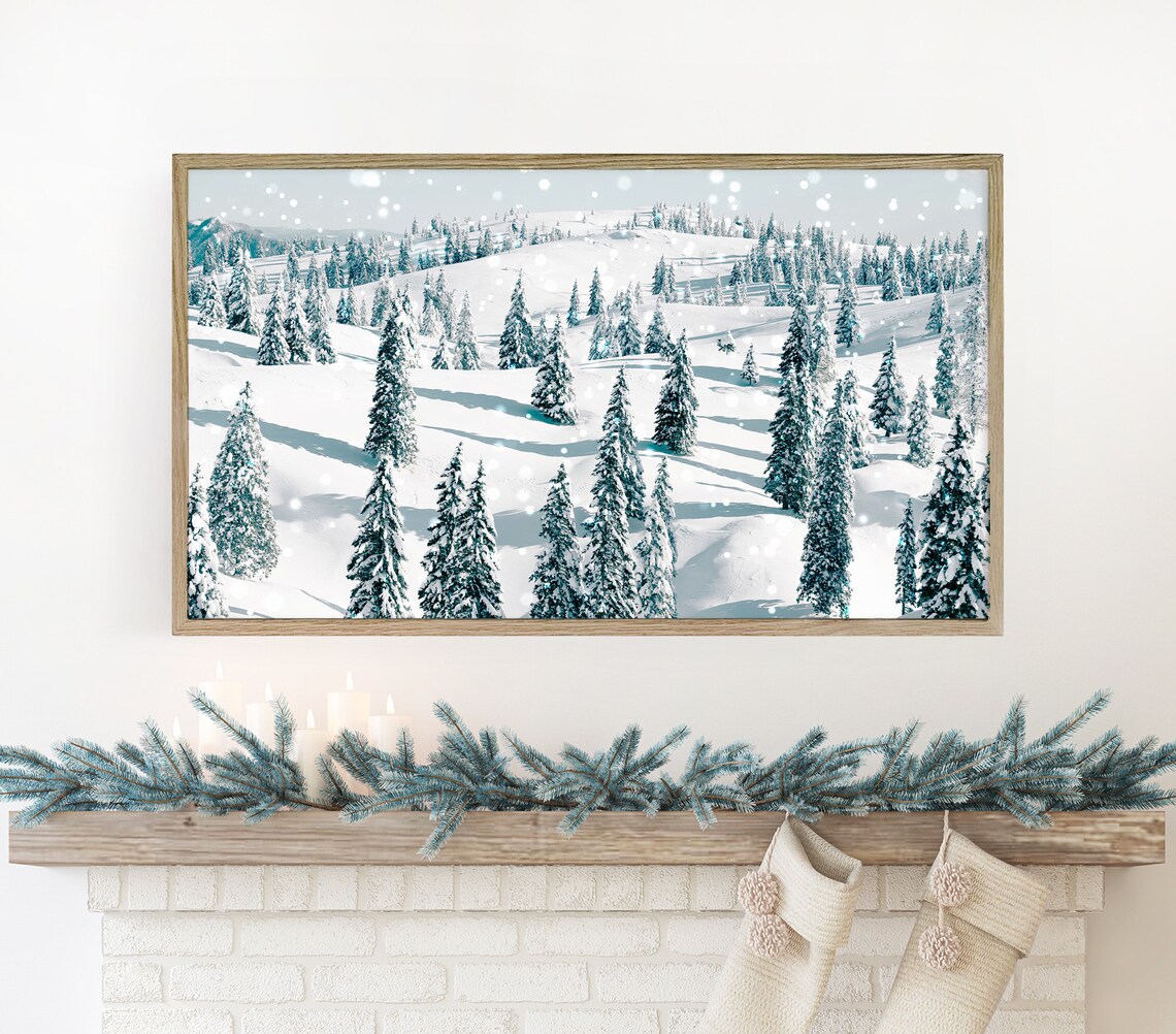 Christmas Snowy Pine Tree Forest, Winter Landscape