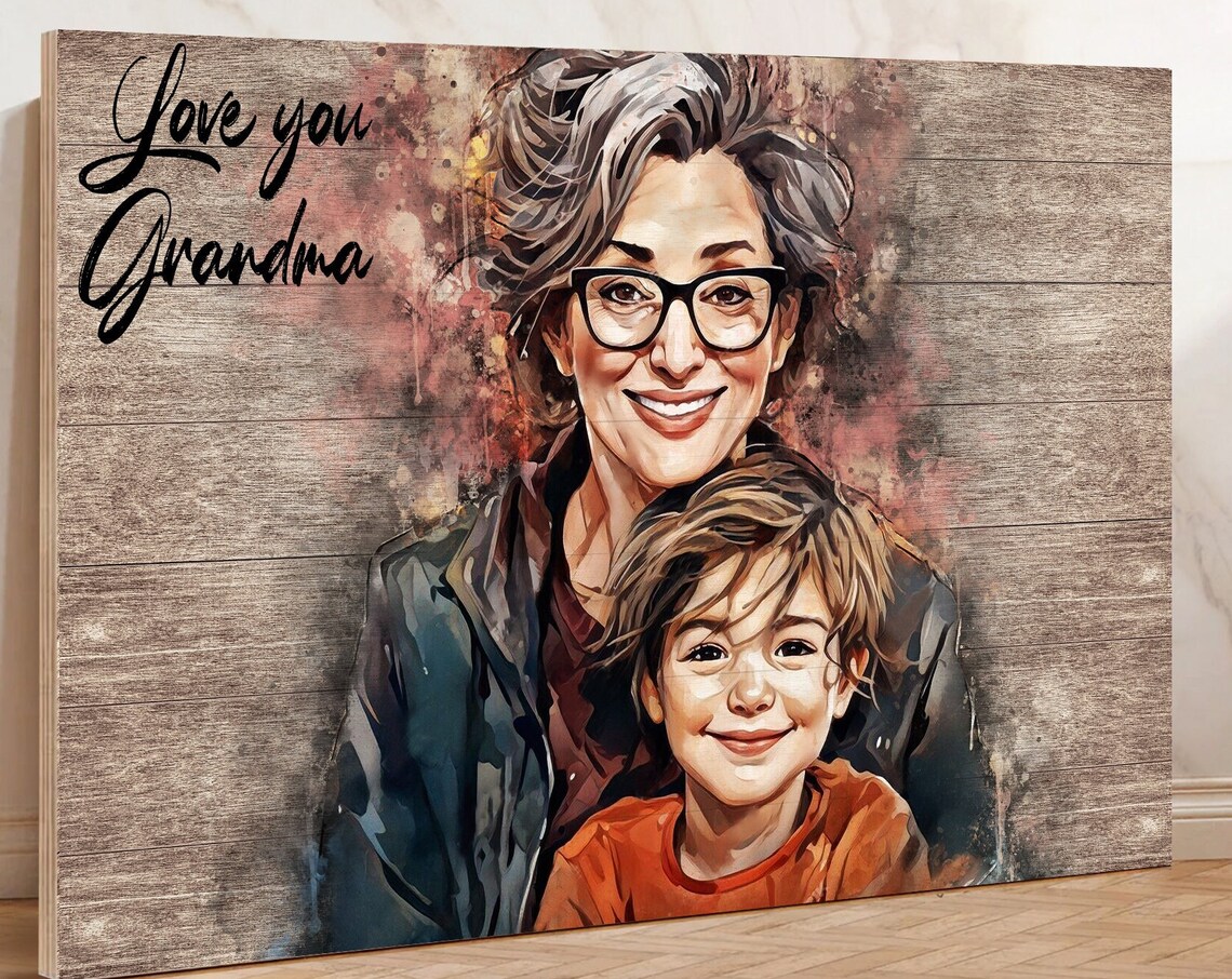 Grandmother and Grandson Watercolor Love You Grandma Wood Style Poster
