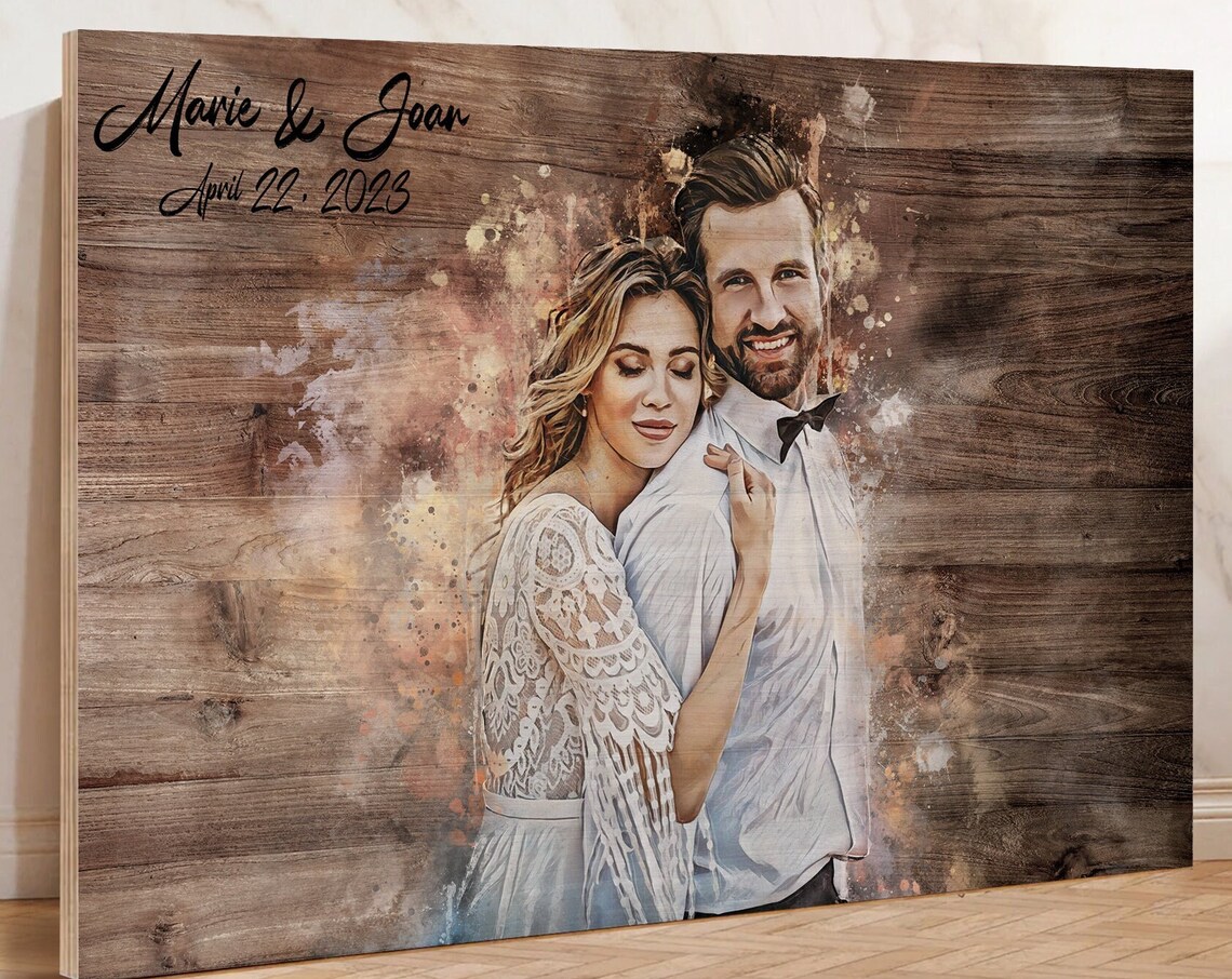 Marie and Joan Watercolor Couple Portrait Date Dark Wood Poster