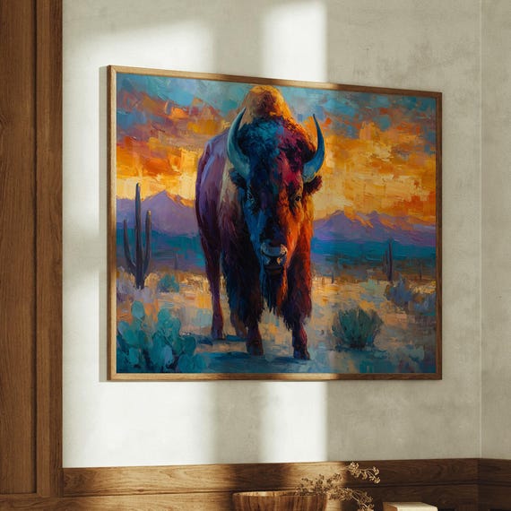 Southwest Bison Painting At Sunset Desert