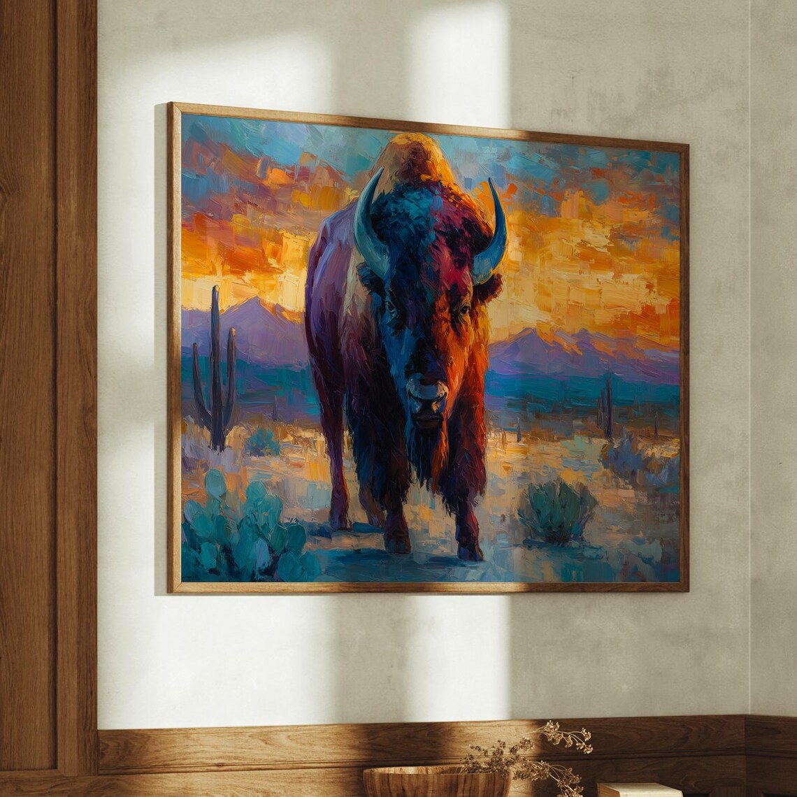 Bison Standing In Desert Sunset Painted Cactus Southwest Wildlife Art Poster
