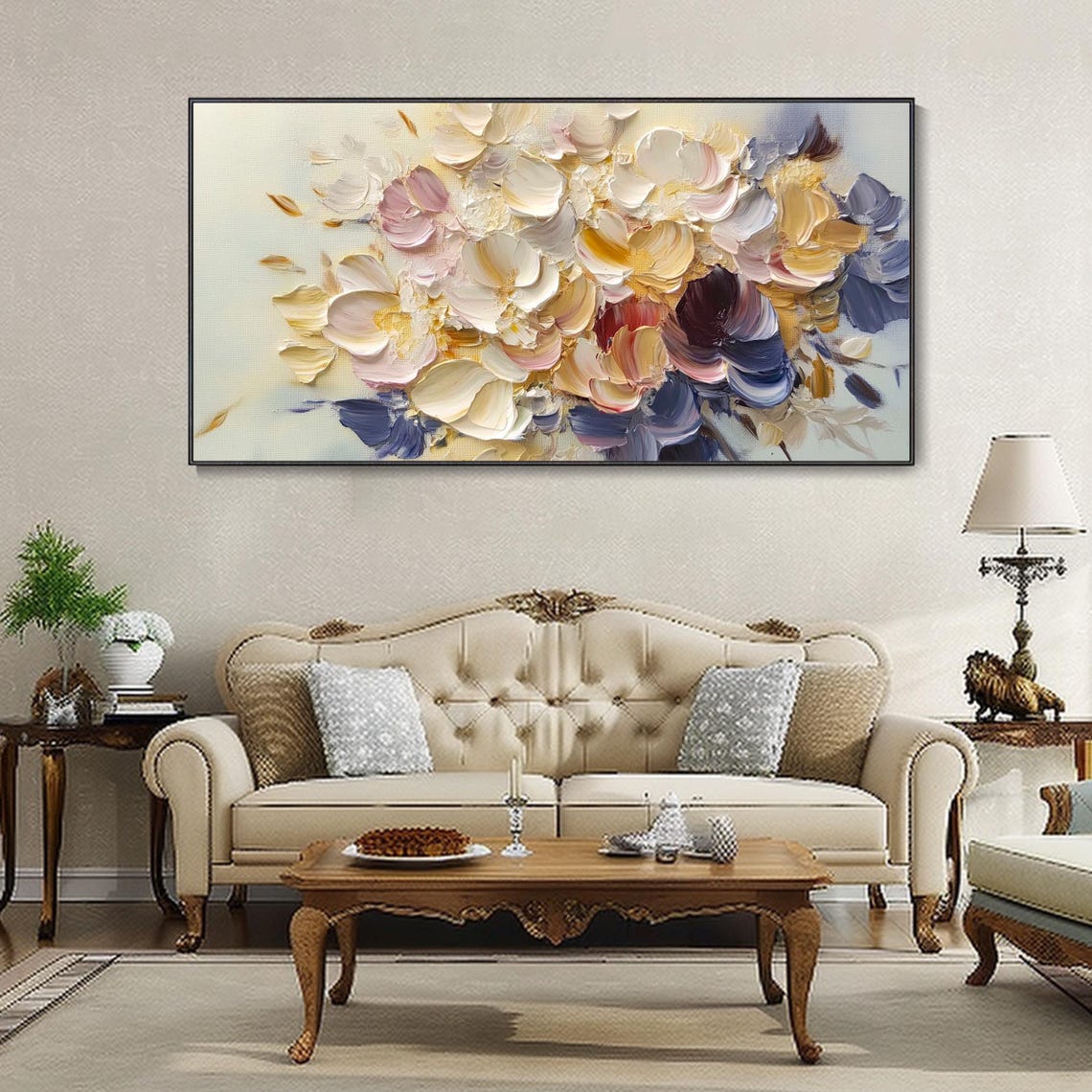 Cream Gold And Blue Abstract Floral Heavy Impasto Painting Poster - Image 4