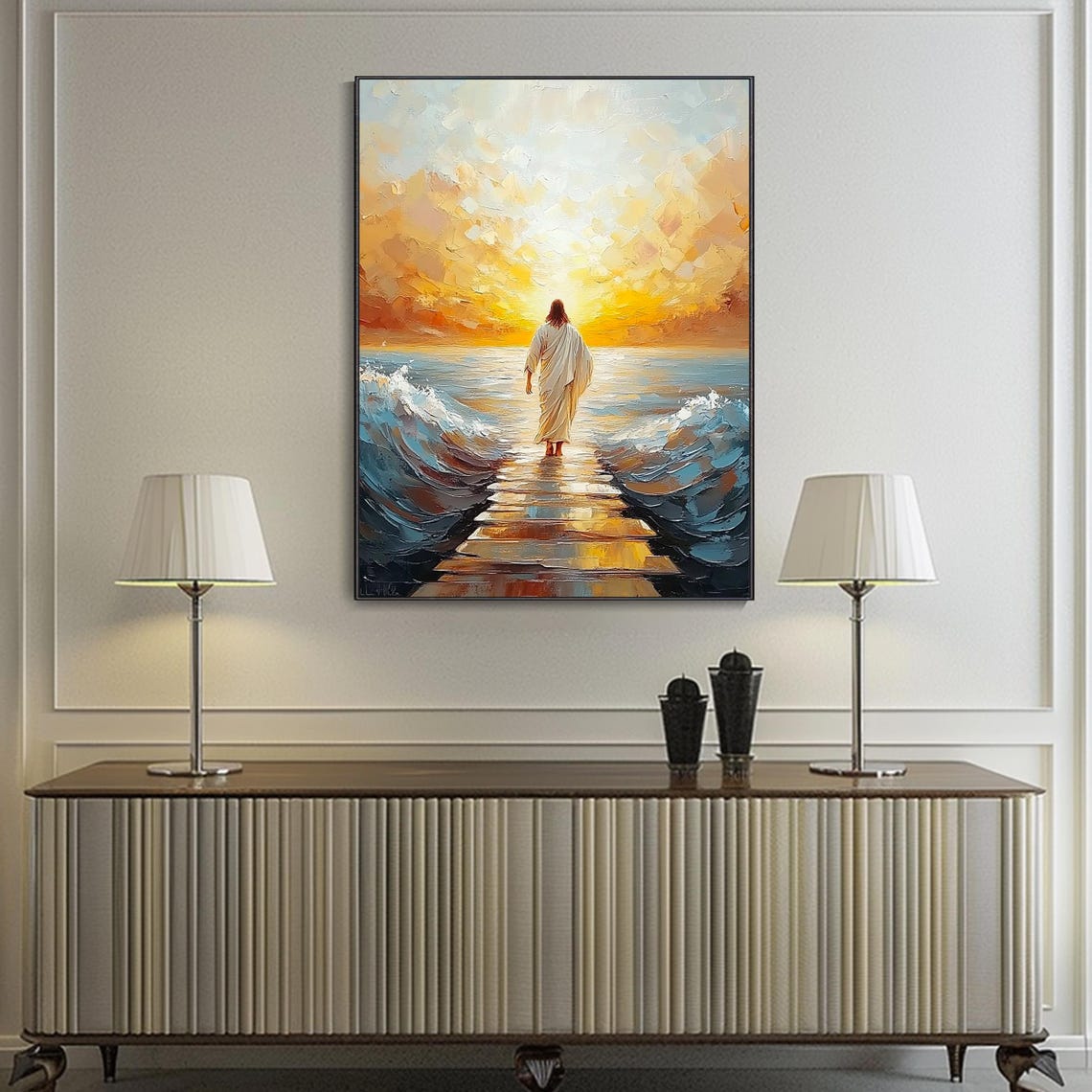 Jesus Walking On Water Toward Heavenly Light Christian Poster - Image 3