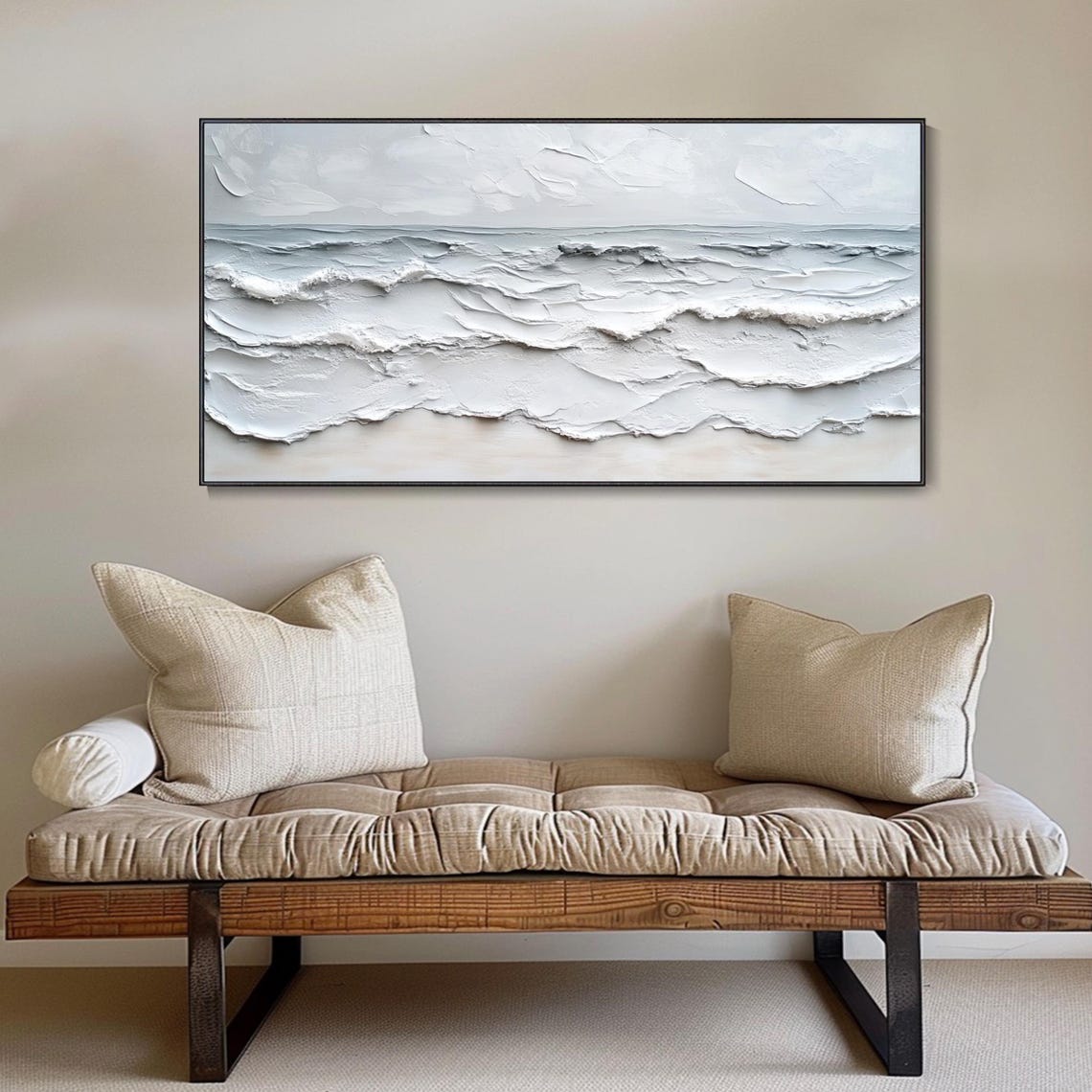 Minimalist White Textured Ocean Waves Calm Serene Coastal Poster - Image 2