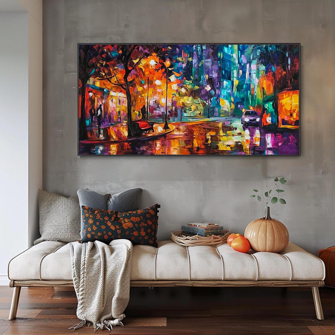 Rainy Night City Street Neon Reflections Urban Painting Poster - Image 4