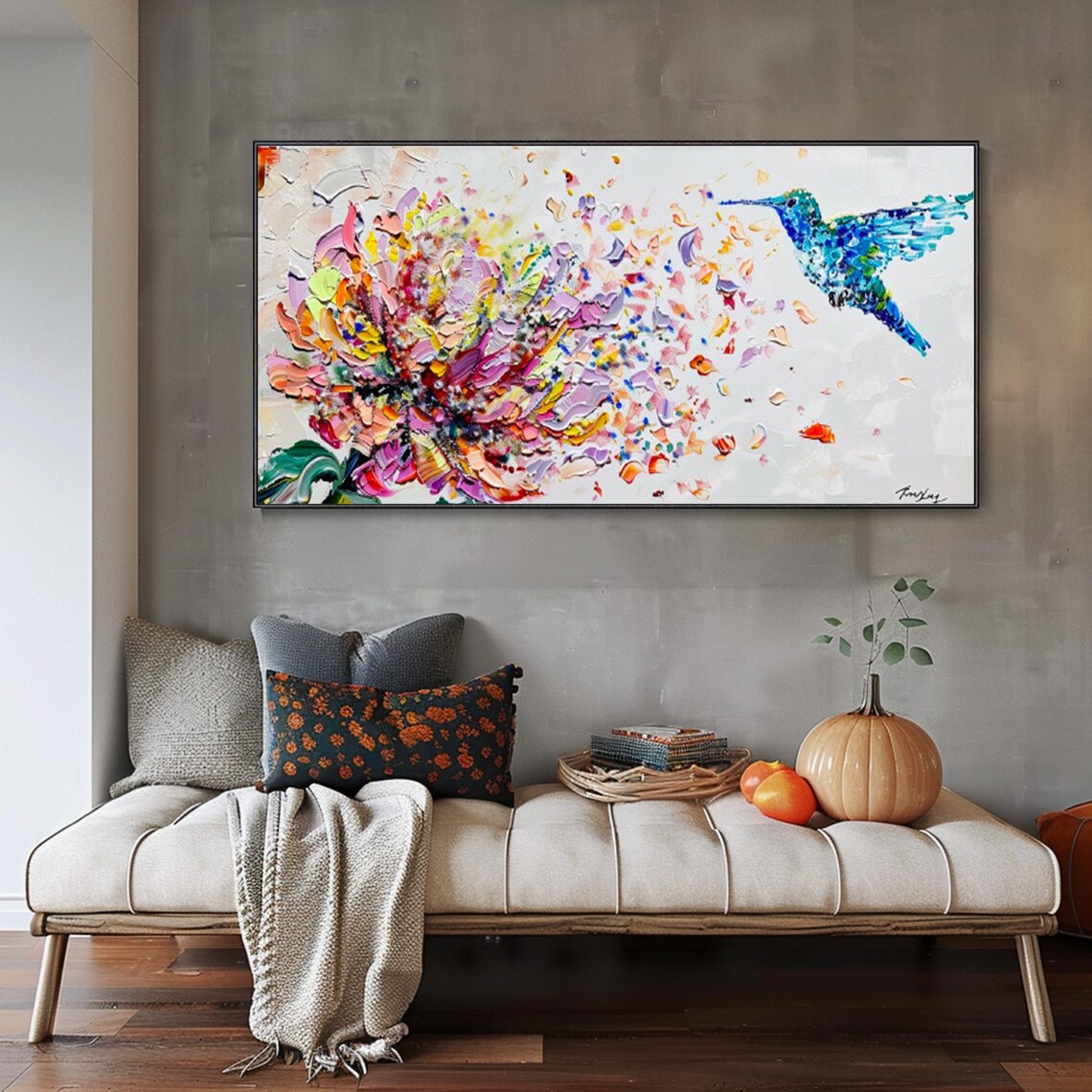 Abstract Hummingbird Floral Oil Painting Art Print - Image 2