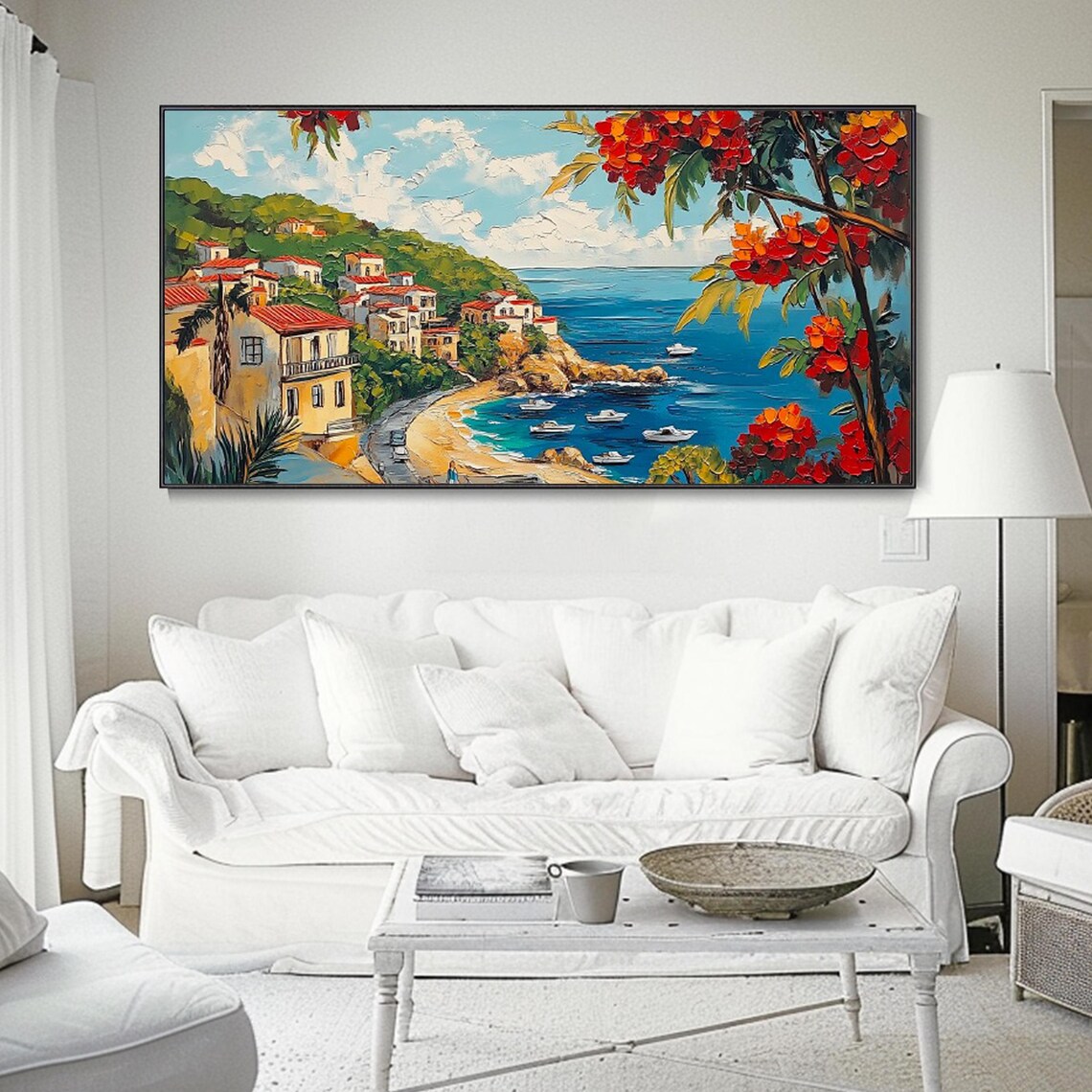 Abstract Mediterranean Landscape Decorative Painting Original Hand Painted Architectural Texture Art Living Room Wall Decor Red Tree - Image 2