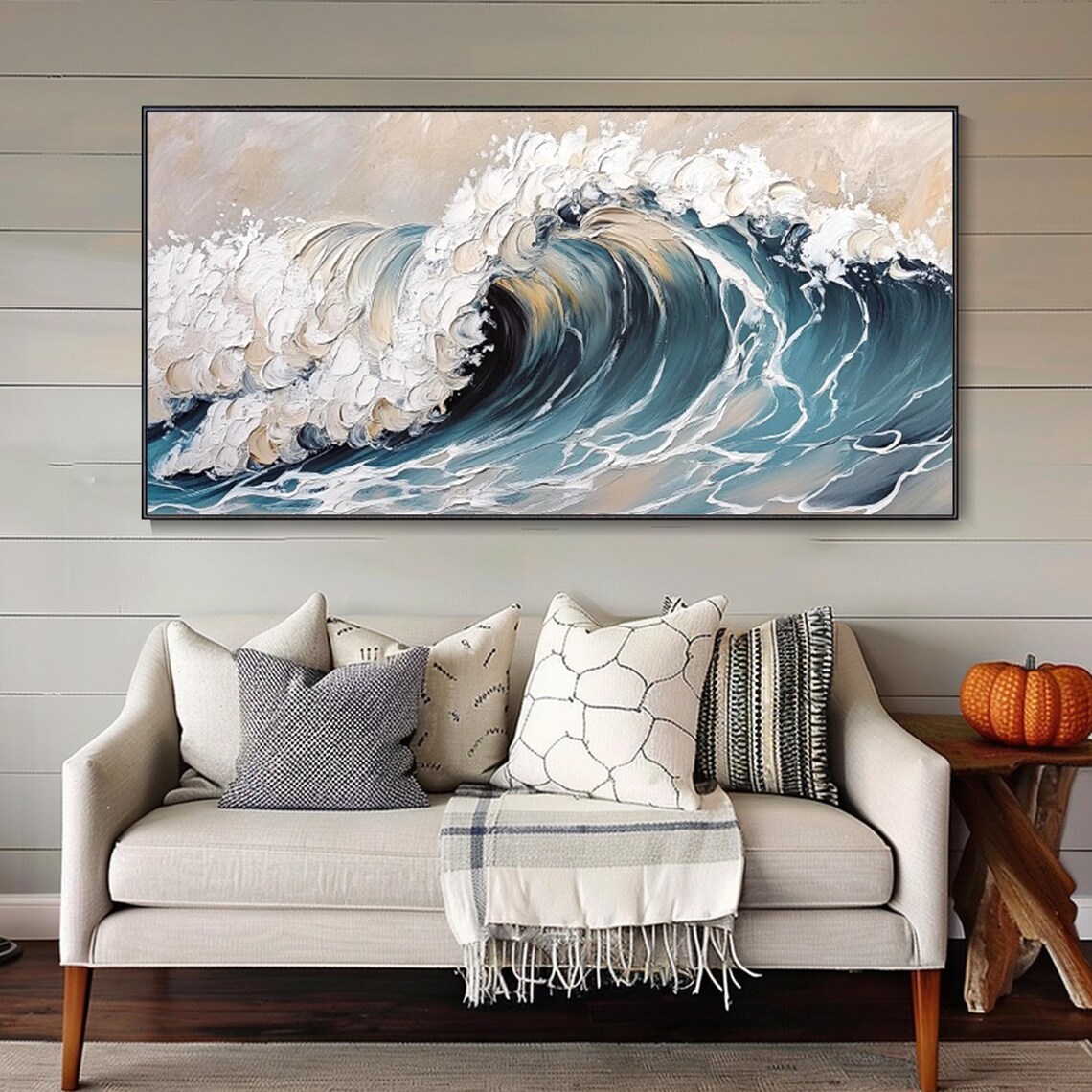 Curling Ocean Wave Teal White Foam 3D Impasto Textured Seascape Art Wall Poster - Image 2