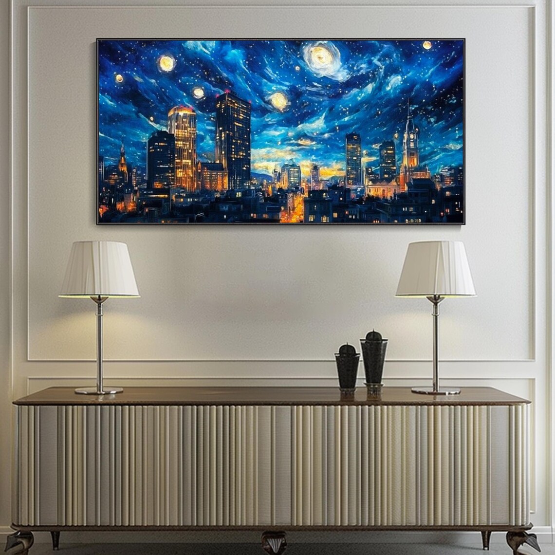 Starry Night City Skyline Swirling Blue Sky Night Lights Painting Art Wall Poster - Image 3