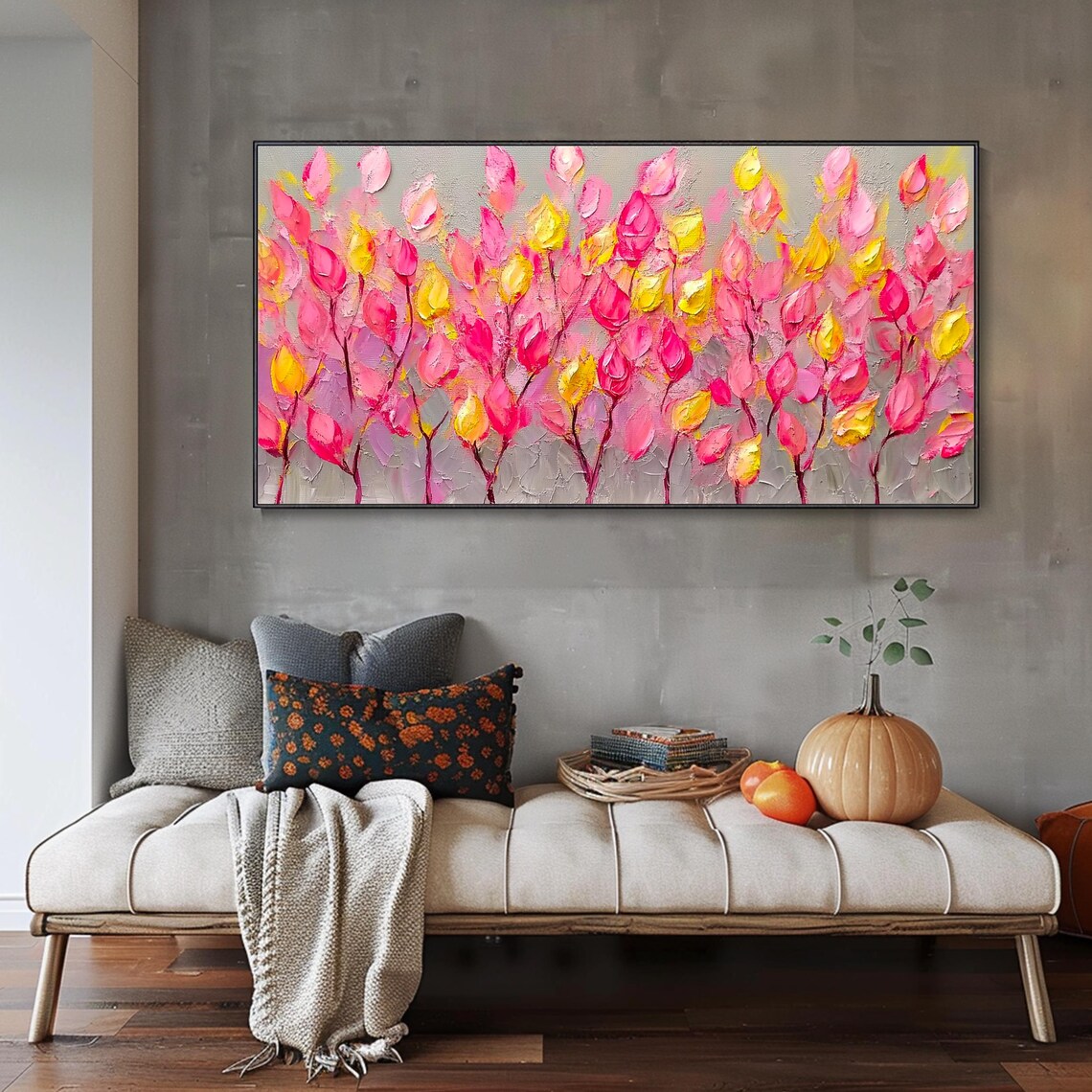 Pink And Yellow Tulip Buds Modern Abstract Floral Painting Poster - Image 3