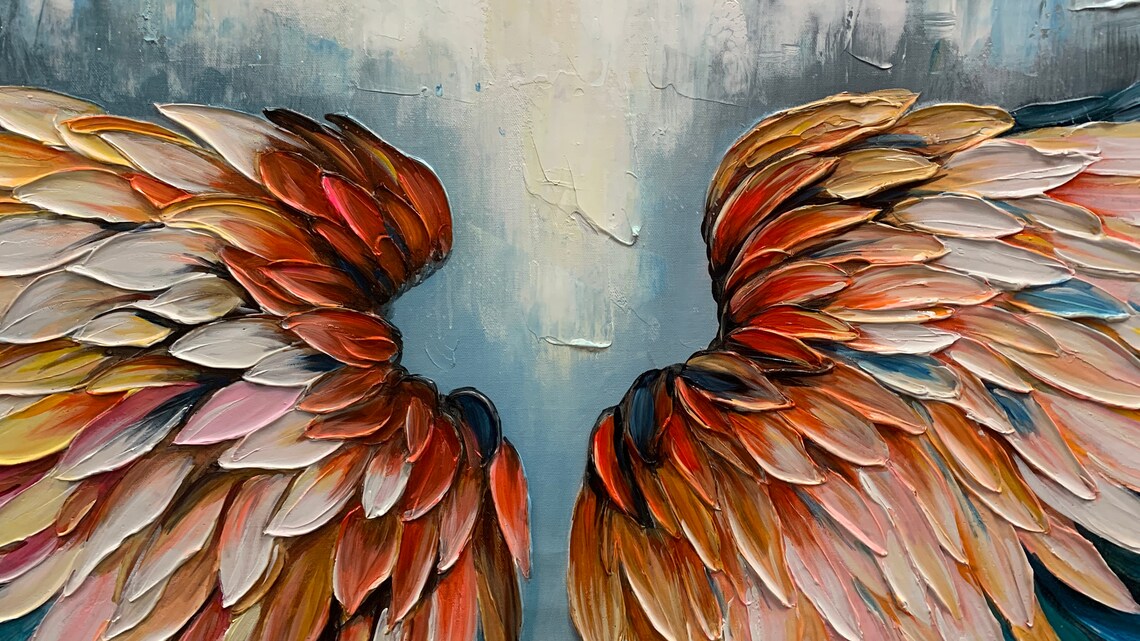 Colorful Angel Wings Red Blue Gold Feathers 3D Impasto Textured Art Wall Poster - Image 2