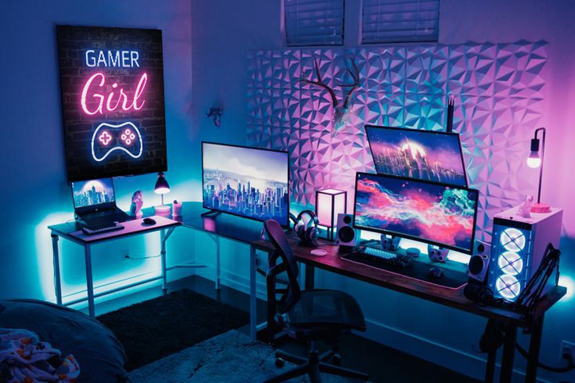 Gamer Girl Neon Sign Gamepad Icon Brick Wall Glowing Gaming Poster - Image 2