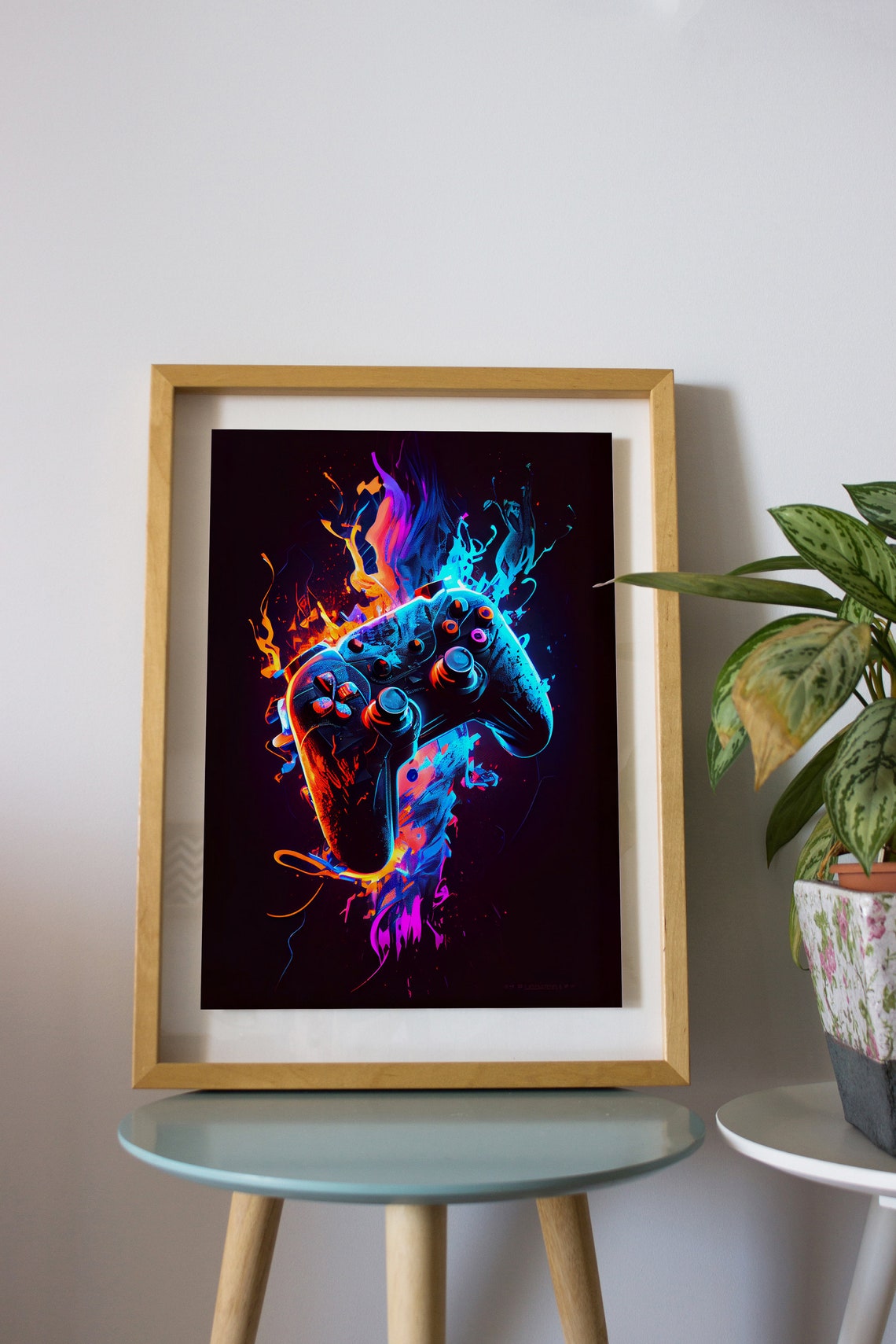 Neon Game Controller Engulfed In Fire And Ice Splash Art Poster - Image 2